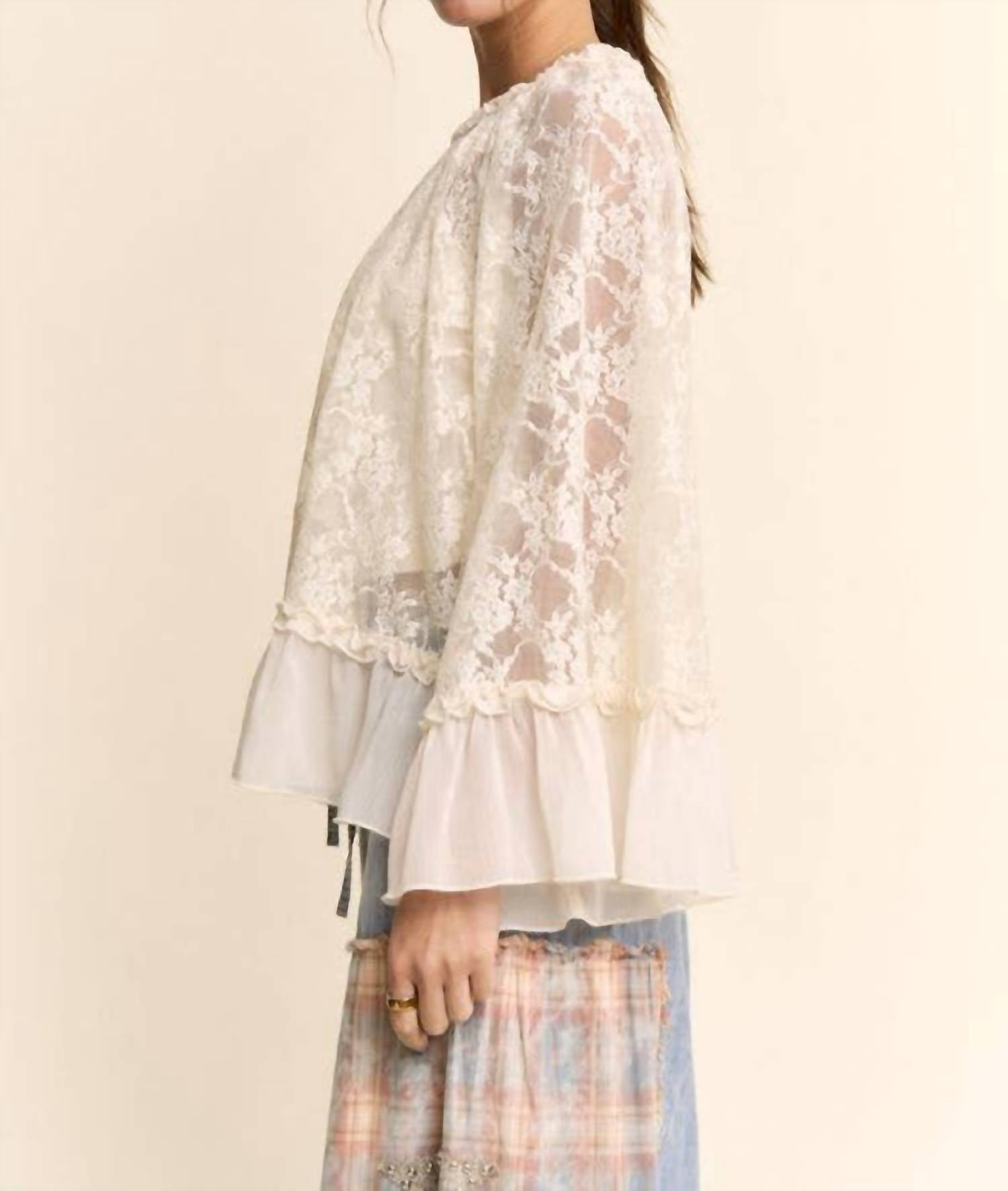 Davi & Dani - Sheer Floral Lace Bell Sleeve Blouse