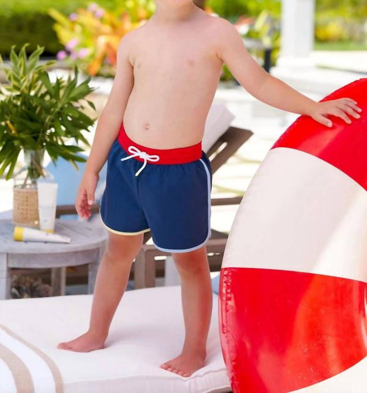 The Beaufort Bonnet Company Kids' Tanner Trunks in nantucket navy - kids' swim trunks - detail view