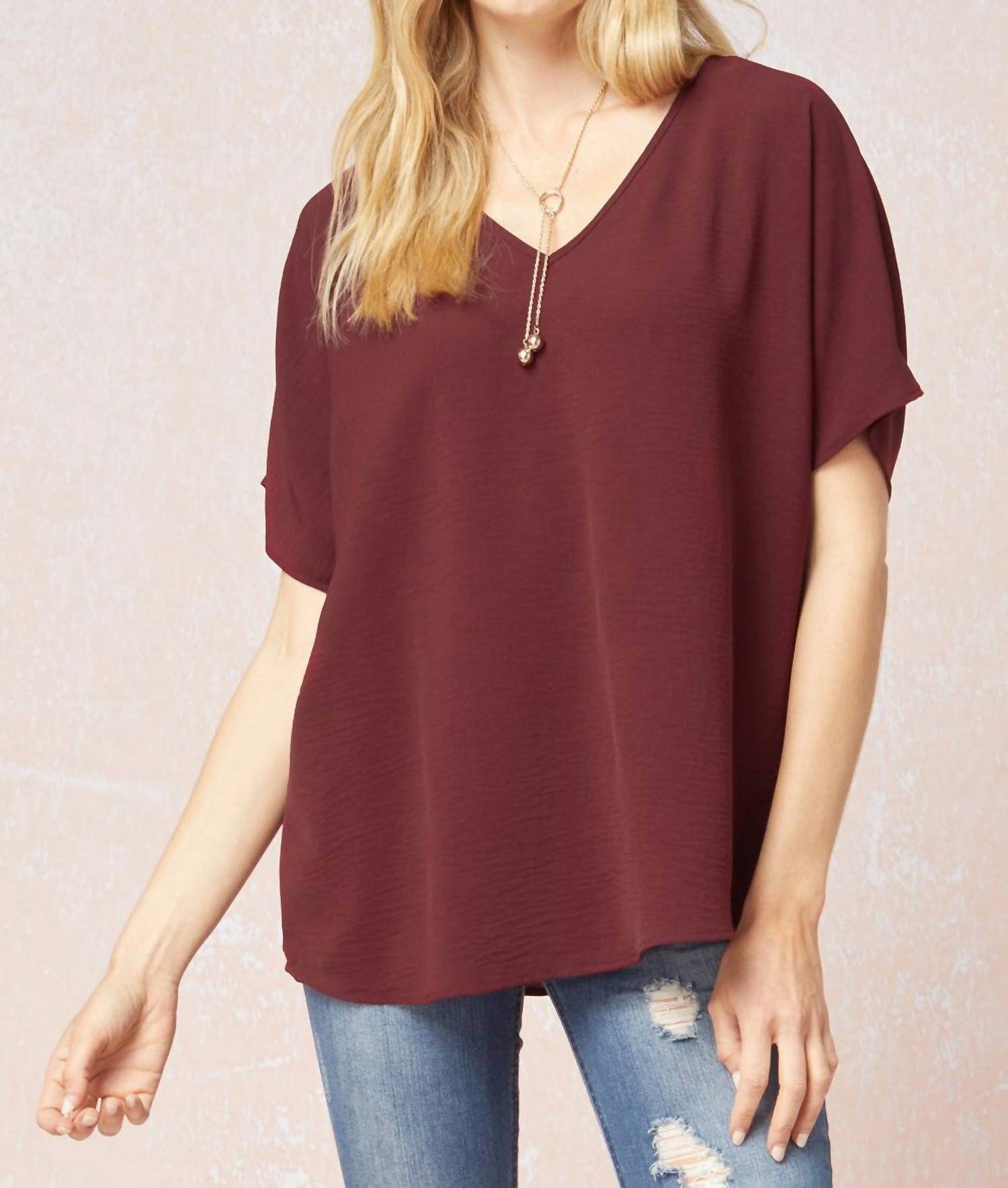 entro Solid V-neck Top in burgundy - women's blouse