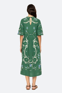 SEA Vesna Embroidery Short Sleeve Dress in green - women's dress - detail view