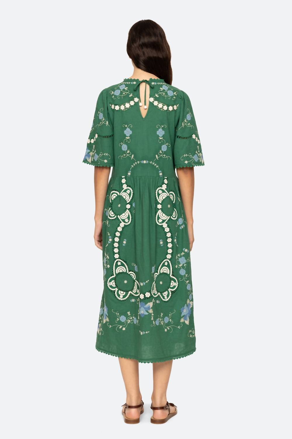 SEA Vesna Embroidery Short Sleeve Dress in green - women's dress - detail view