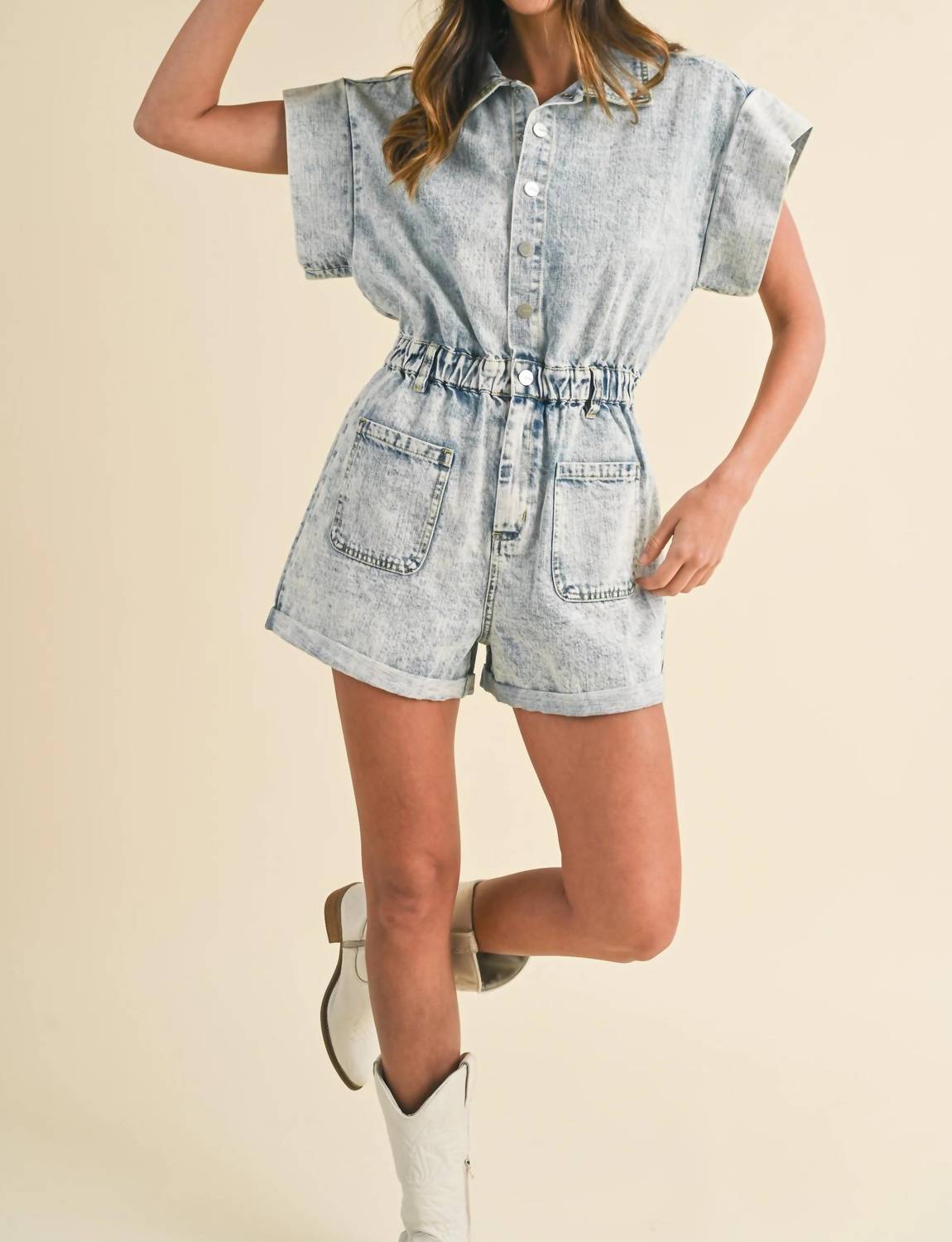 Anniewear - Short Sleeve Denim Romper
