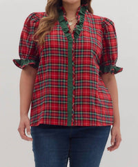 entro Plaid Puff Sleeve Top - Plus in red - women's blouse