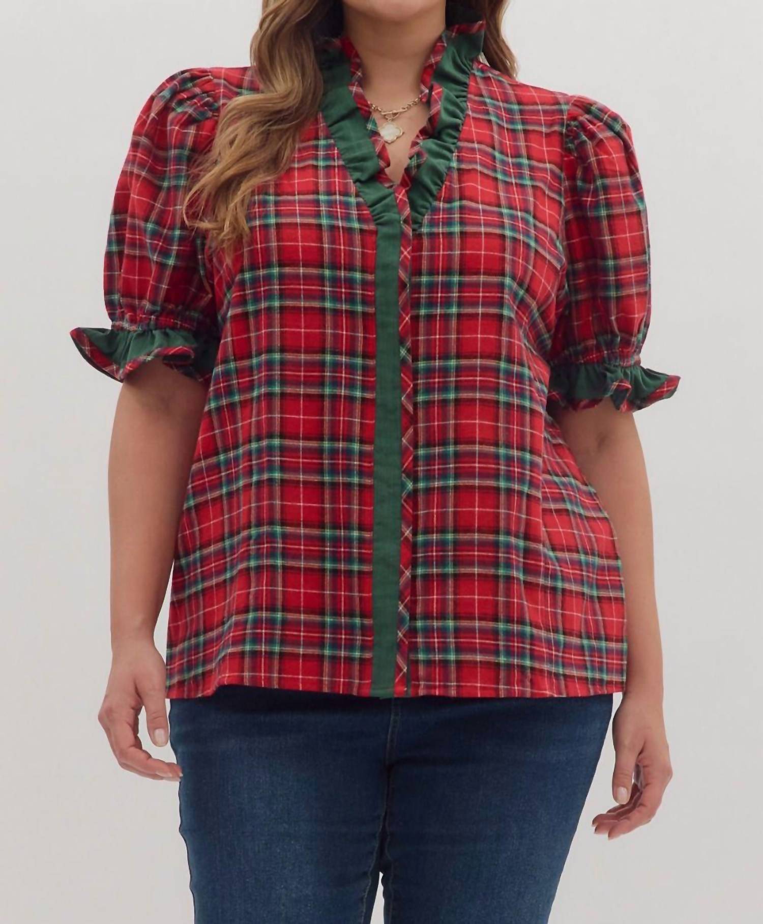entro Plaid Puff Sleeve Top - Plus in red - women's blouse