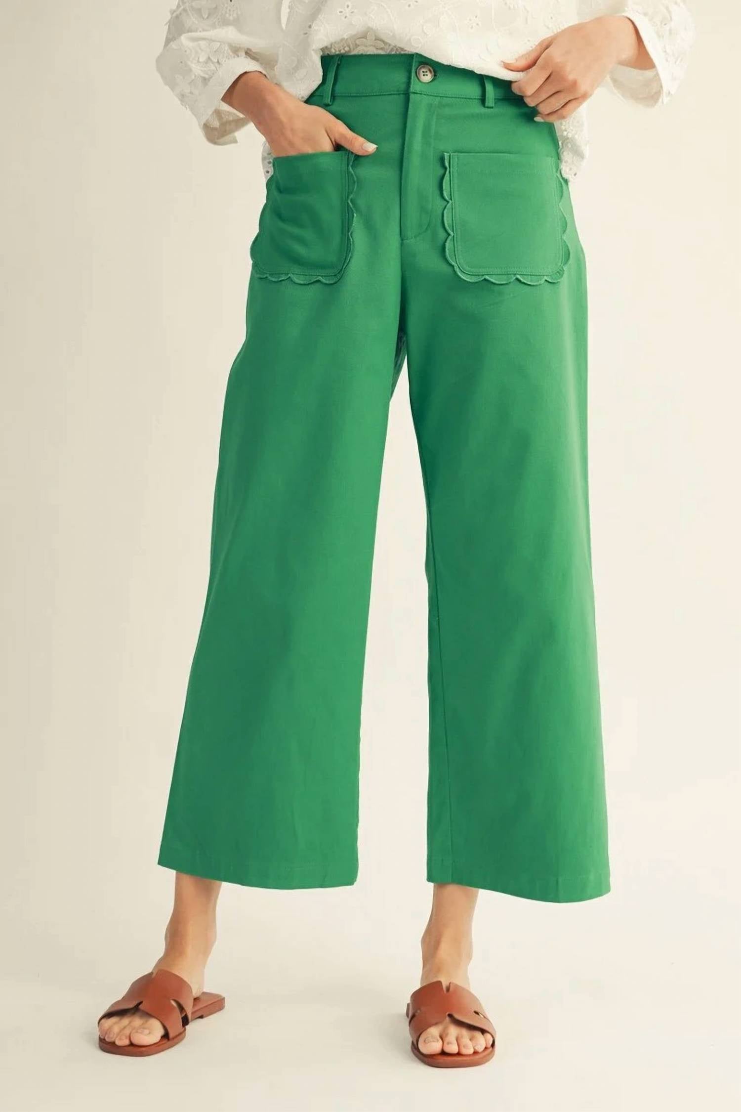 Jodifl - Scallop Pocket High Rise Wide Leg Pants
