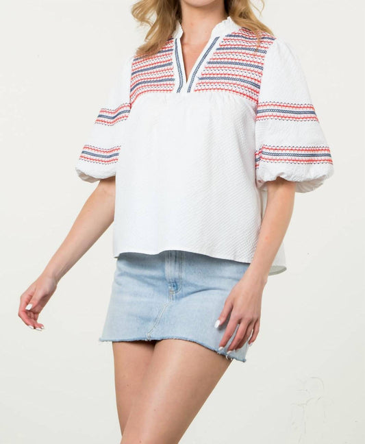 Thml - Embroidered Puff Sleeve Textured Top