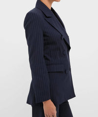 EMERSON FRY Strong Shoulder Blazer in navy pinstripe - women's jacket - detail view