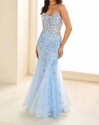 Ellie Wilde - Lace Appliques Glitter Tulle Trumpet Gown