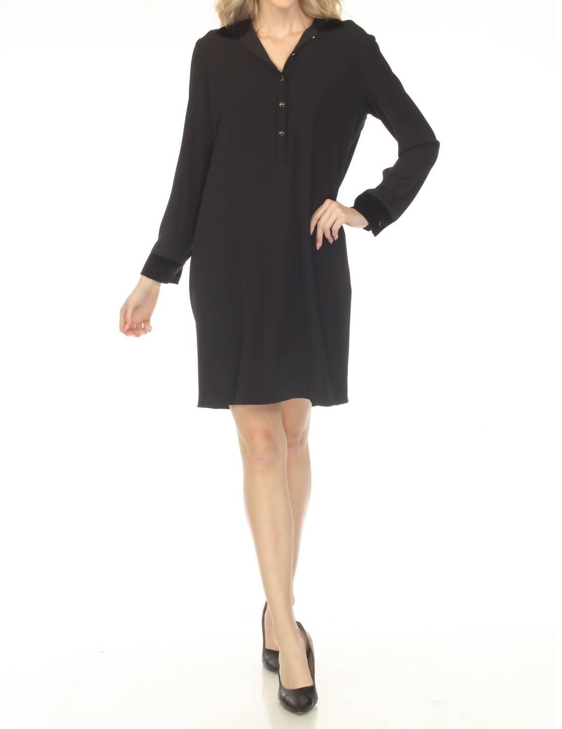 Joseph Ribkoff Velvet Collar Twill Shirt Mini Dress in black - women's dress - view 5