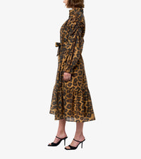 Ciebon - Daphne Ruched Sleeve Animal Print Midi Dress