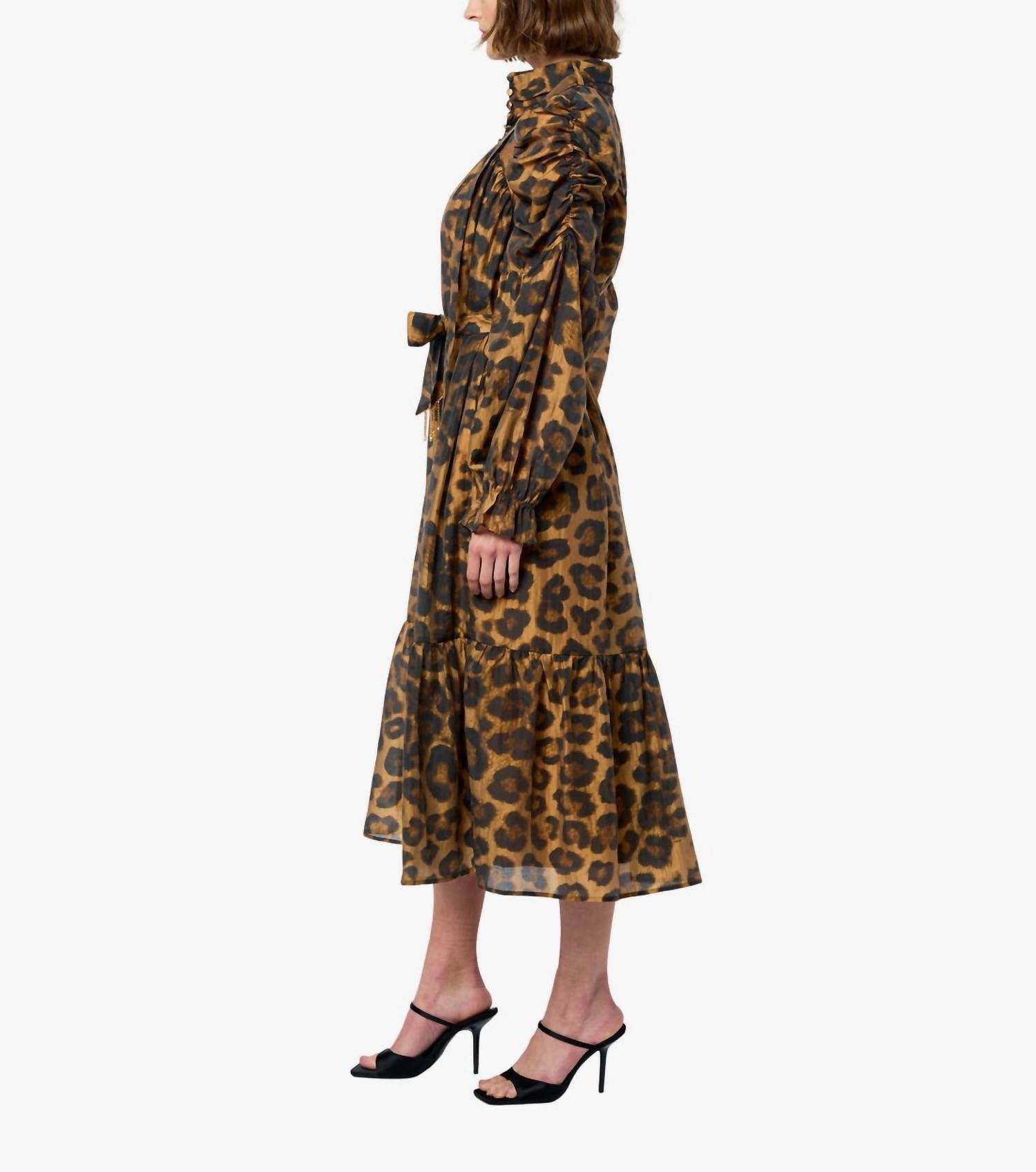 Ciebon - Daphne Ruched Sleeve Animal Print Midi Dress