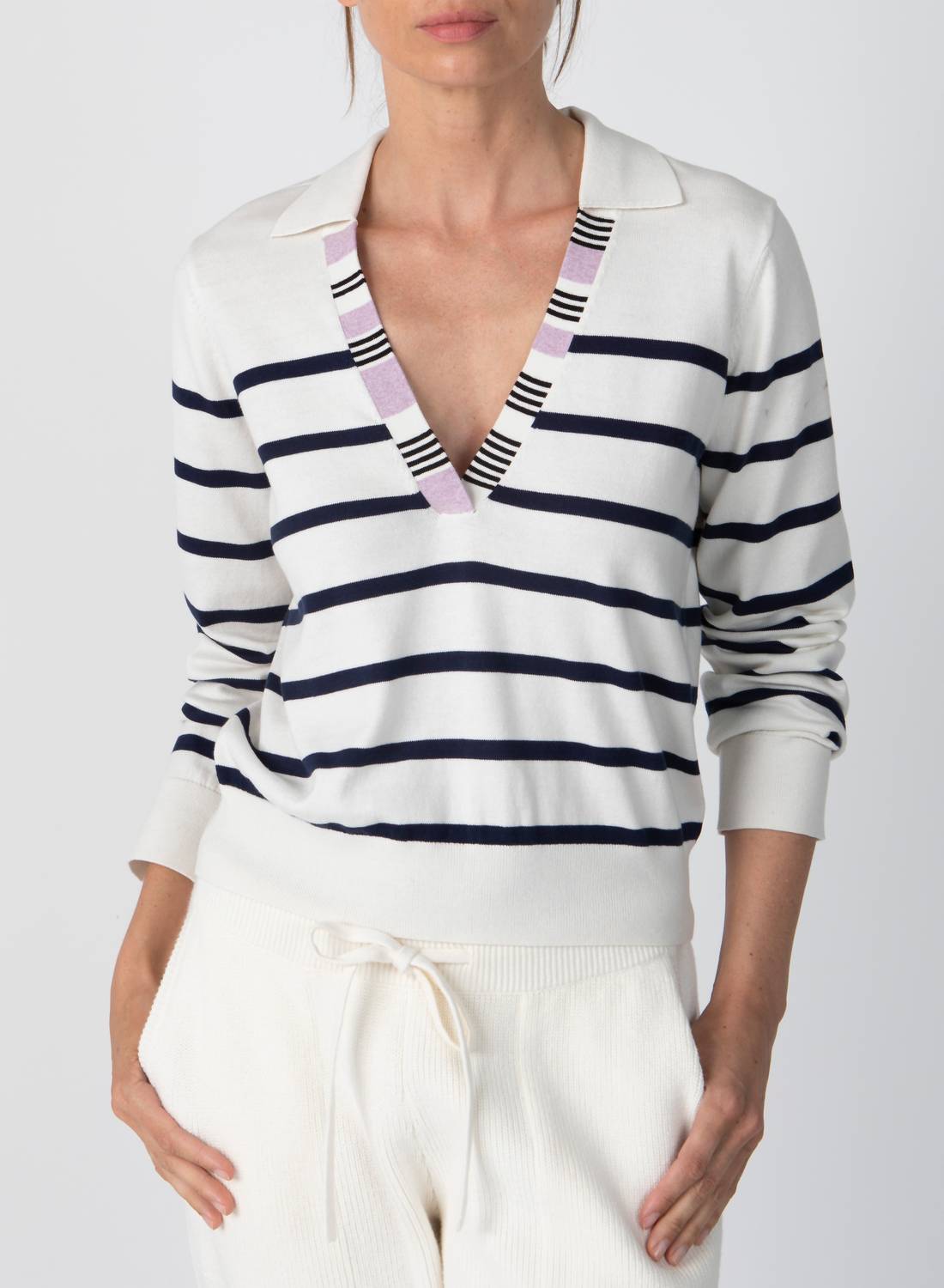 Atm - Cotton Blend Striped Split Collar Sweater