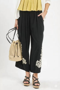 Umgee - Linen Embroidered Wide-leg Boho Pants