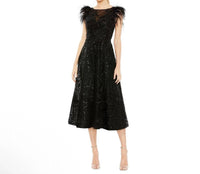 Mac Duggal - Feather Shoulder Sequin Embellished Midi Dress