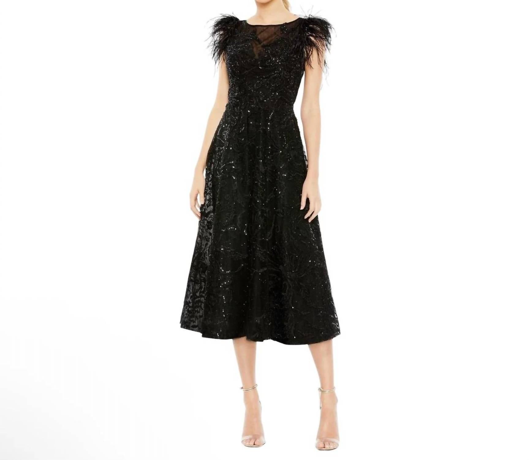 Mac Duggal - Feather Shoulder Sequin Embellished Midi Dress