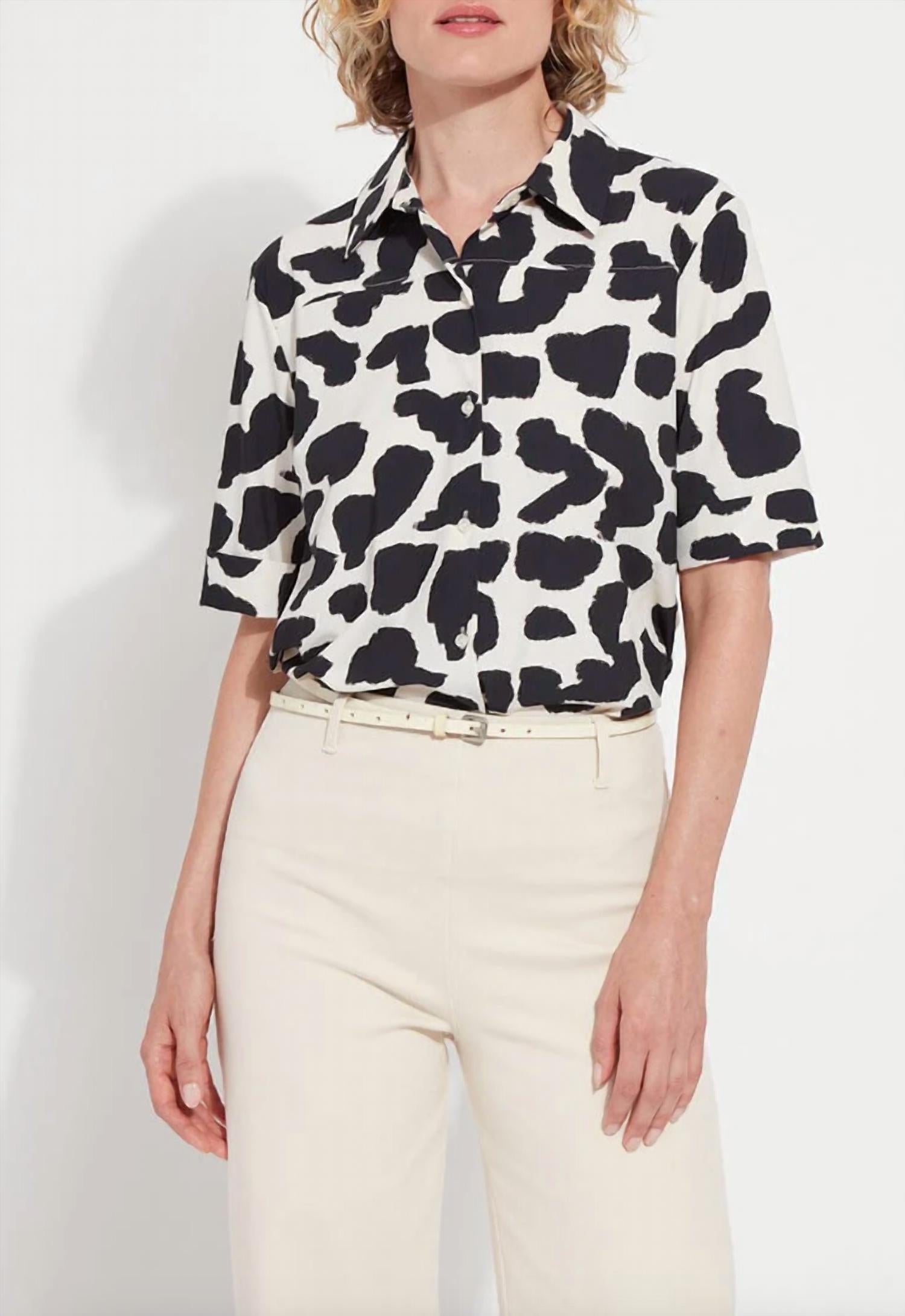 Lysse Women's Printed Josie Short Sleeve Button Down Shirt in navy multi - women's shirt