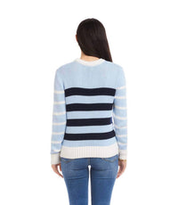 Karen Kane Stripe Crewneck Sweater in multi blue - women's sweater - detail view