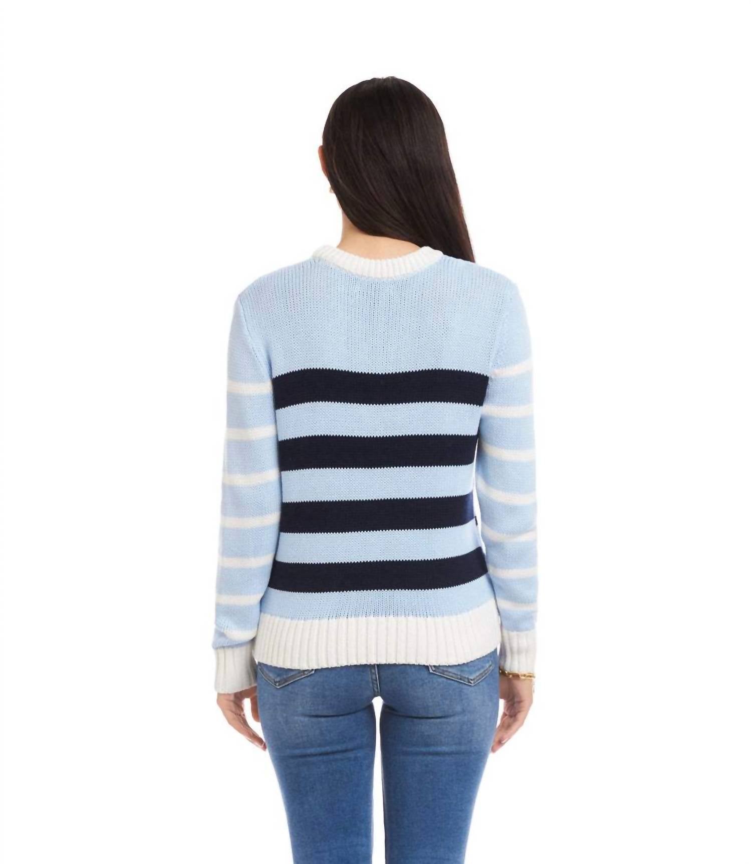 Karen Kane Stripe Crewneck Sweater in multi blue - women's sweater - detail view