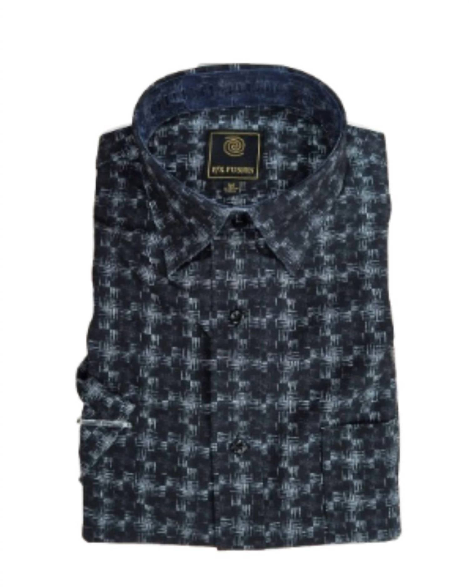 F/X Fusion Men's Short Sleeve Textured Linen Print Shirt in black and gray - men's shirt