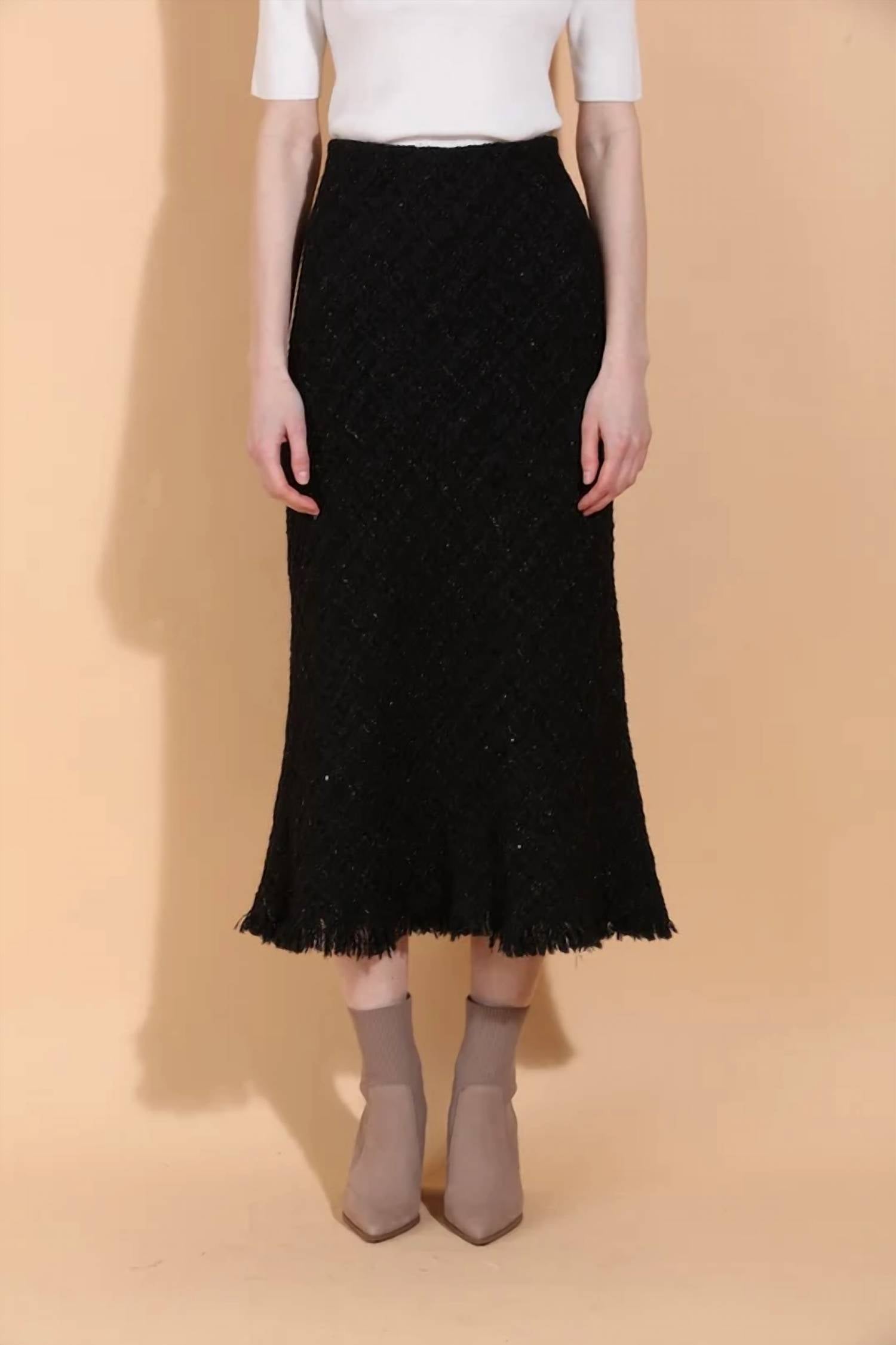 Jessie Liu - Tweed Trumpet Raw Hem Midi Skirt