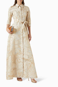 Teri Jon - Metallic Burn Out Jacquard Shirt Waist Gown