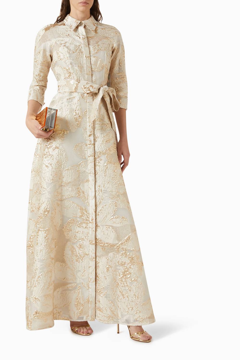 Teri Jon - Metallic Burn Out Jacquard Shirt Waist Gown