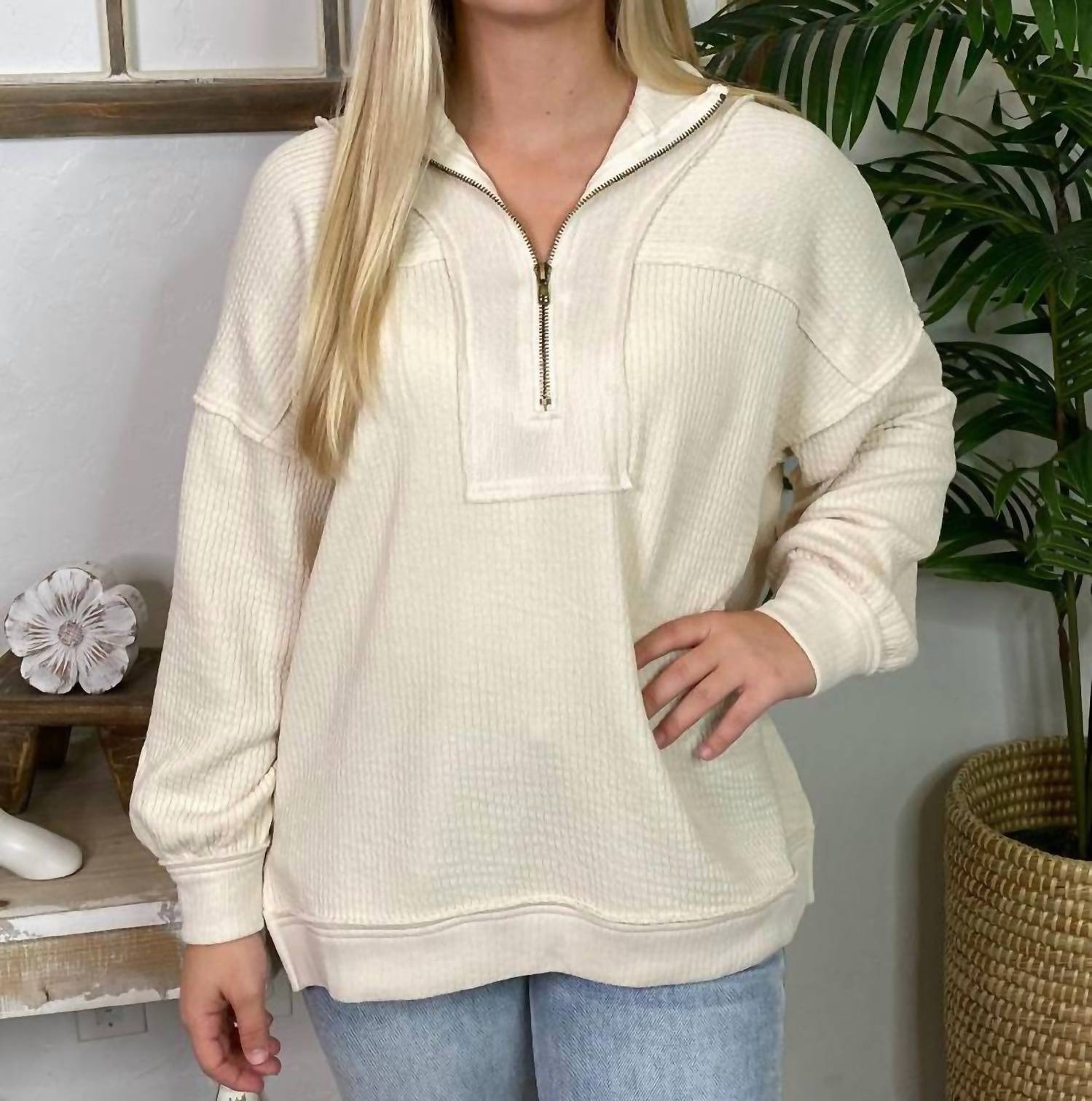 Blu Pepper - Half Zip Waffle Knit Top