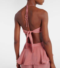 ADRIANA DEGREAS Solid Bandeau Halter Bikini Top in vintage rose - women's swimwear - detail view