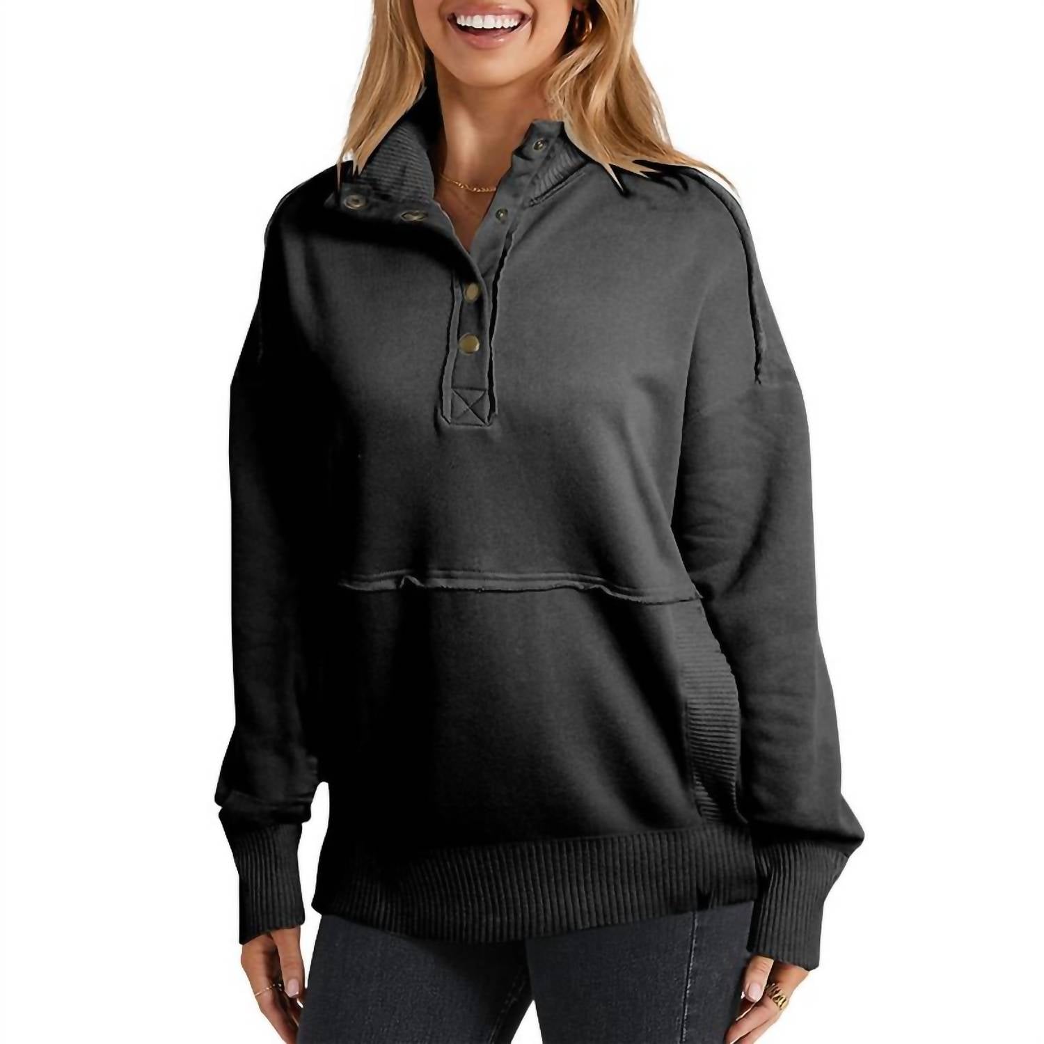 Shewin - Snap Collar Cozy Sweatshirt