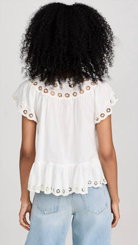 SEA Arabella Embroidery Flutter Sleeve Tank Top in cream - women's tank top - detail view