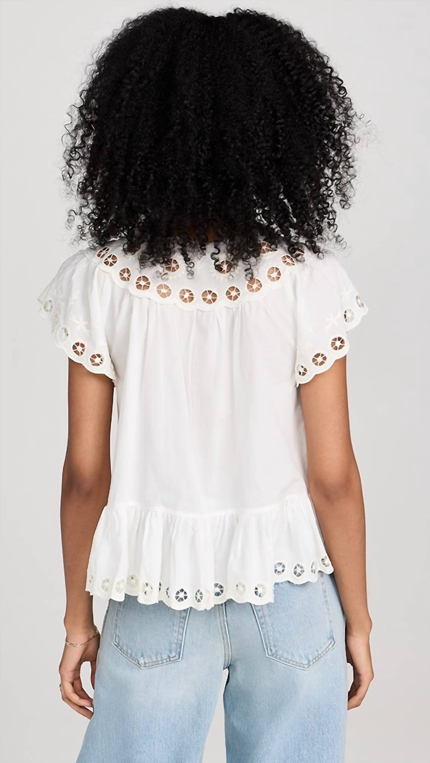 SEA Arabella Embroidery Flutter Sleeve Tank Top in cream - women's tank top - detail view