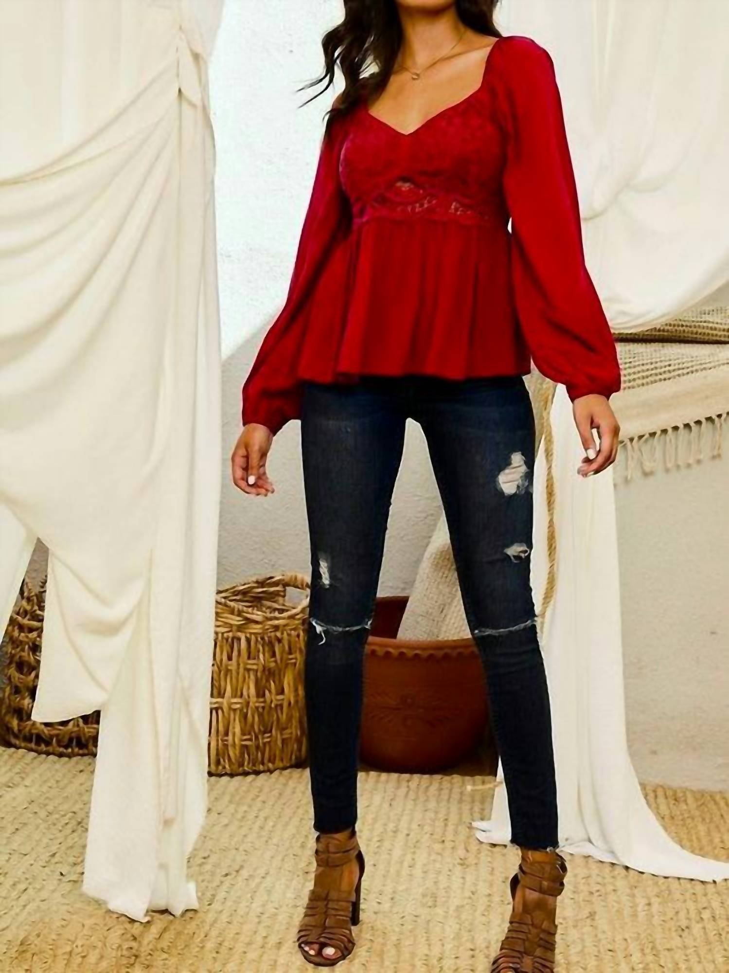 Main Strip - Crochet Front Smocked Back Peplum Top