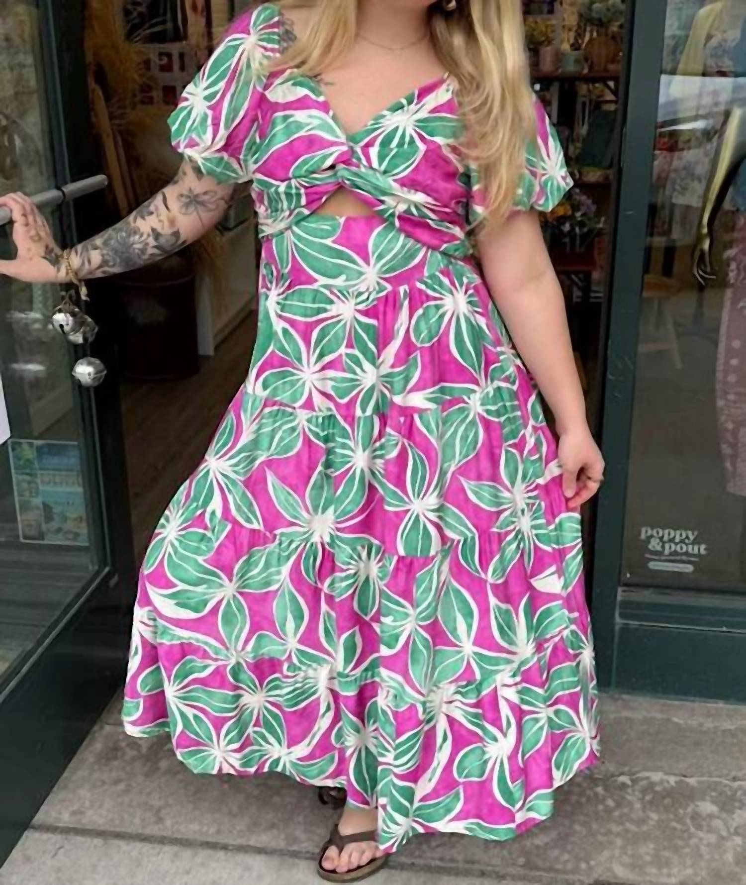 Very J - Women's Kate Floral Puff Sleeve Cutout Midi Dress