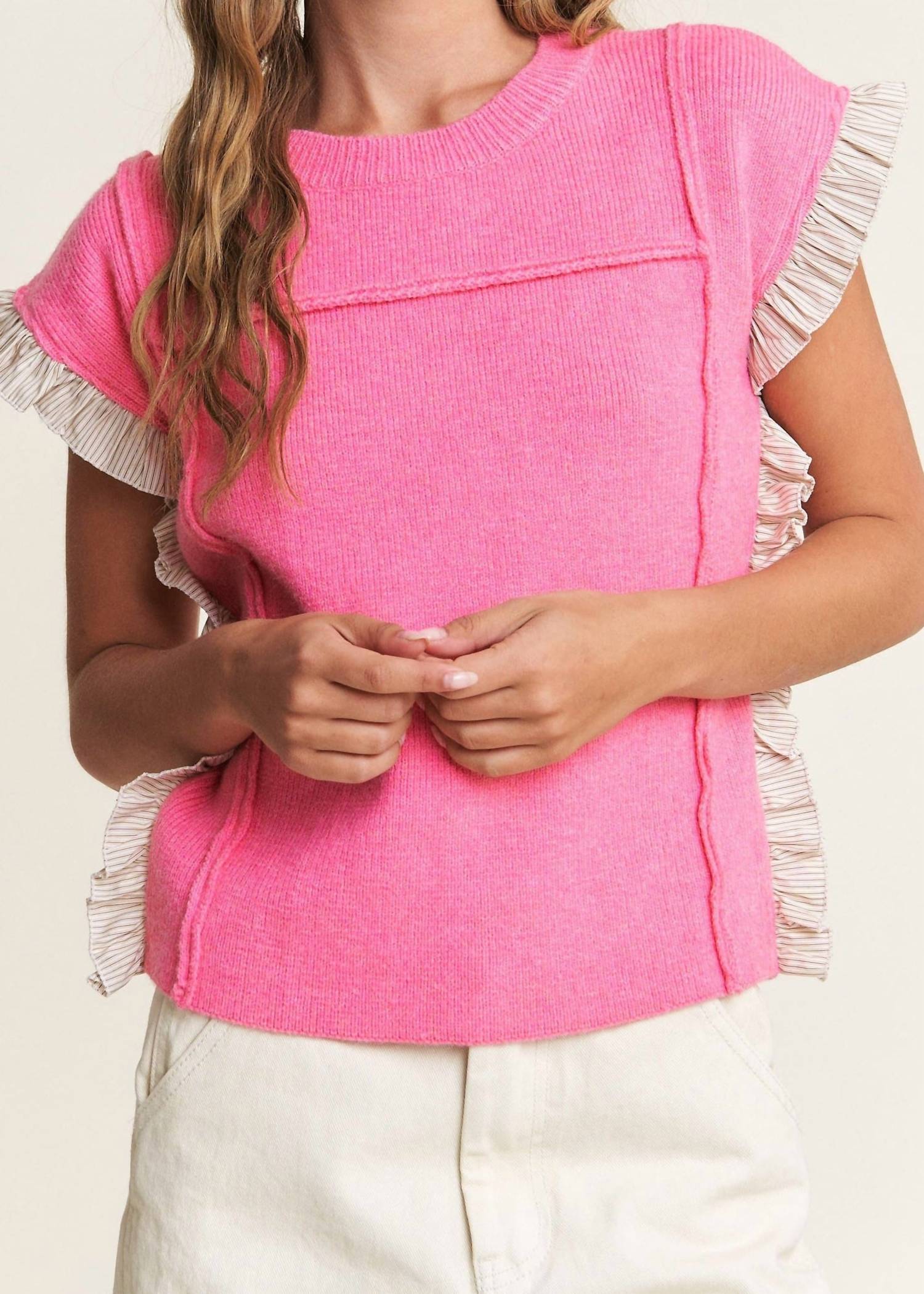 In The Beginning Short Sleeve Sweater With Ruffle Contrast in pink - women's sweater