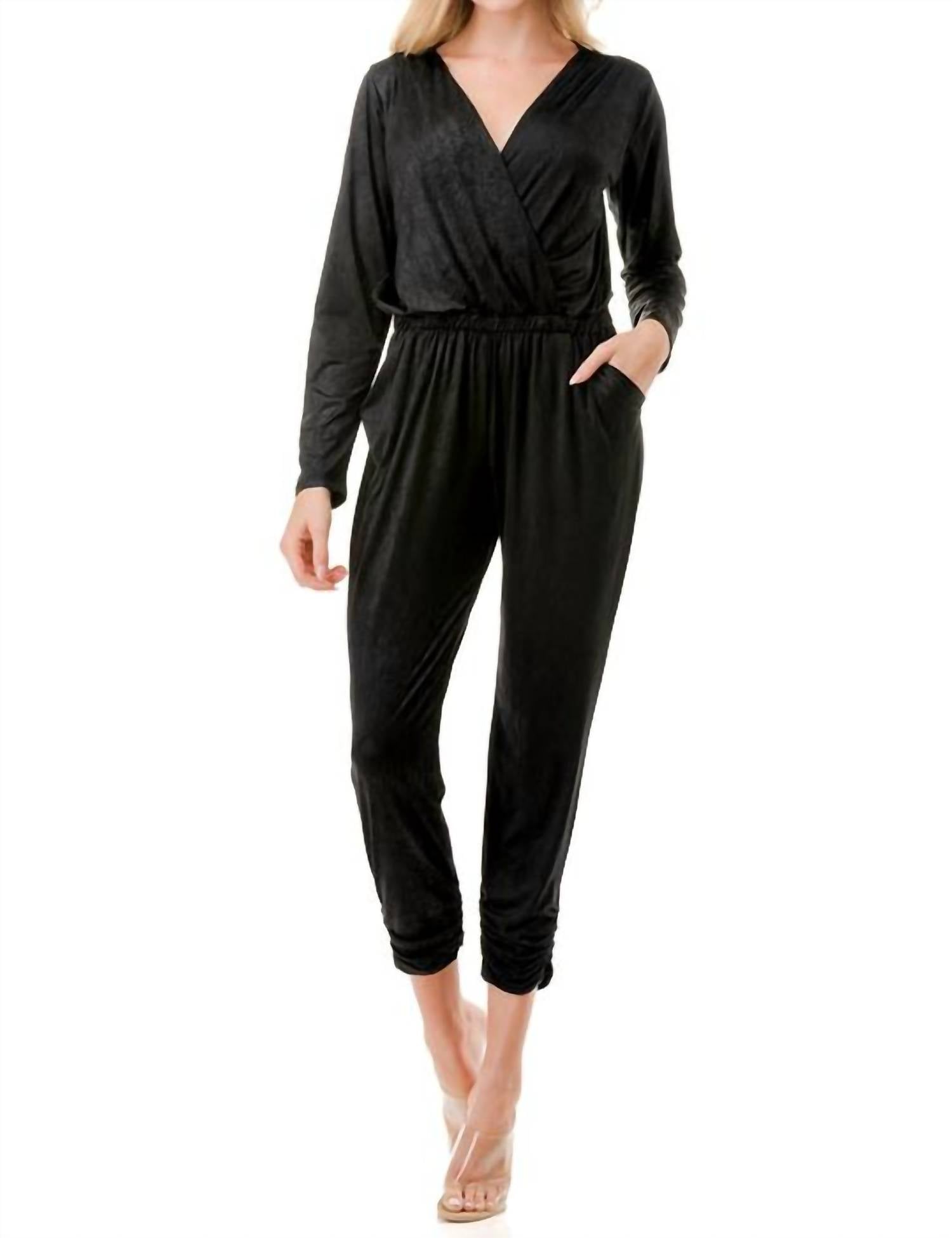 ariella V Neck Long Sleeve Jumpsuit in black - women's pants - view 4