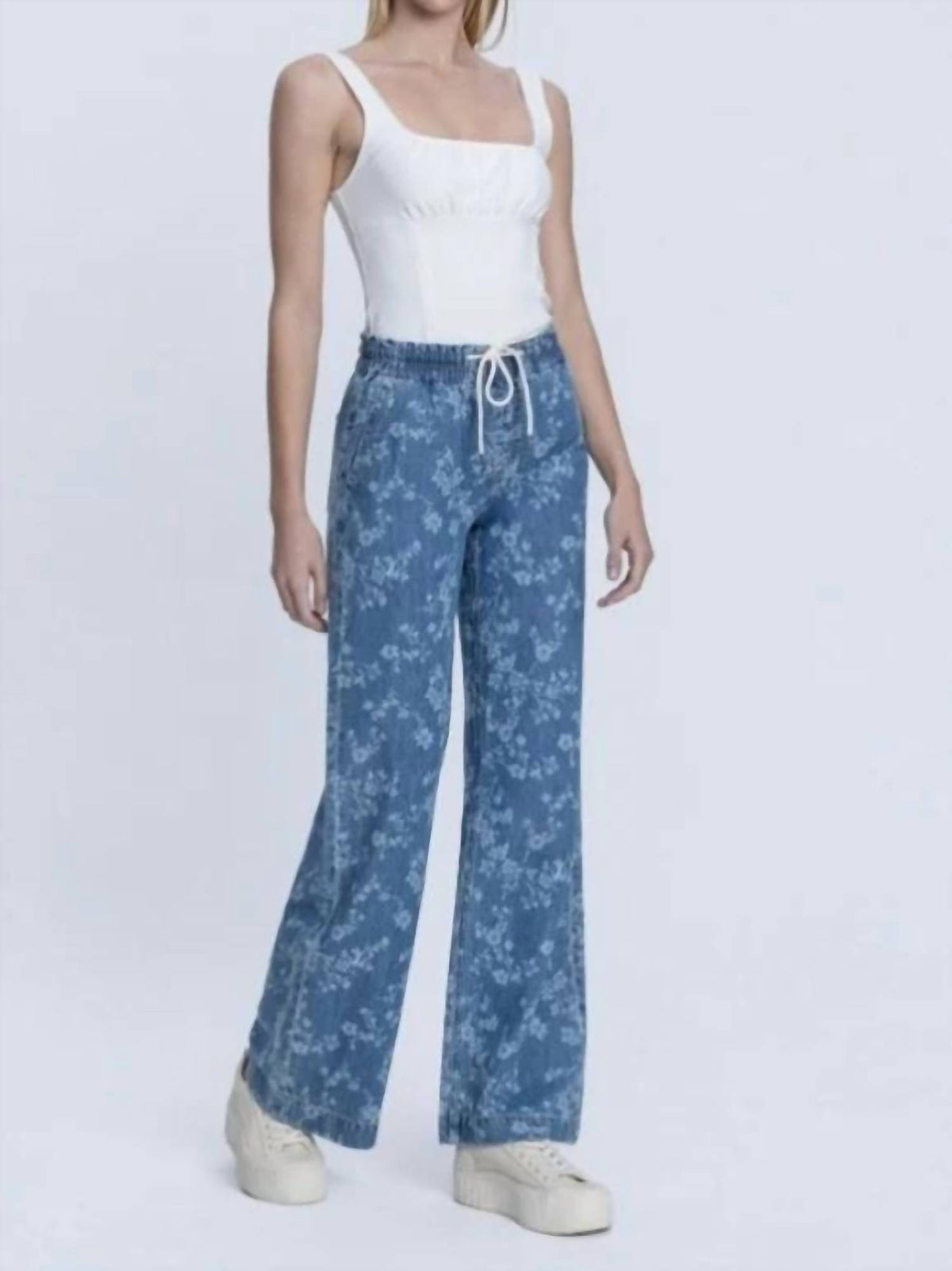 Vervet By Flying Monkey - Vintage Floral High Rise Drawstring Pull On Wide Leg Jeans