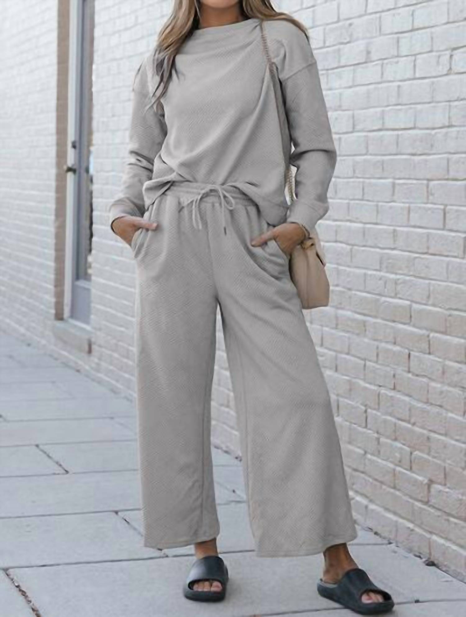 Double Take - Full Size Textured Long Sleeve Top And Drawstring Pants Set