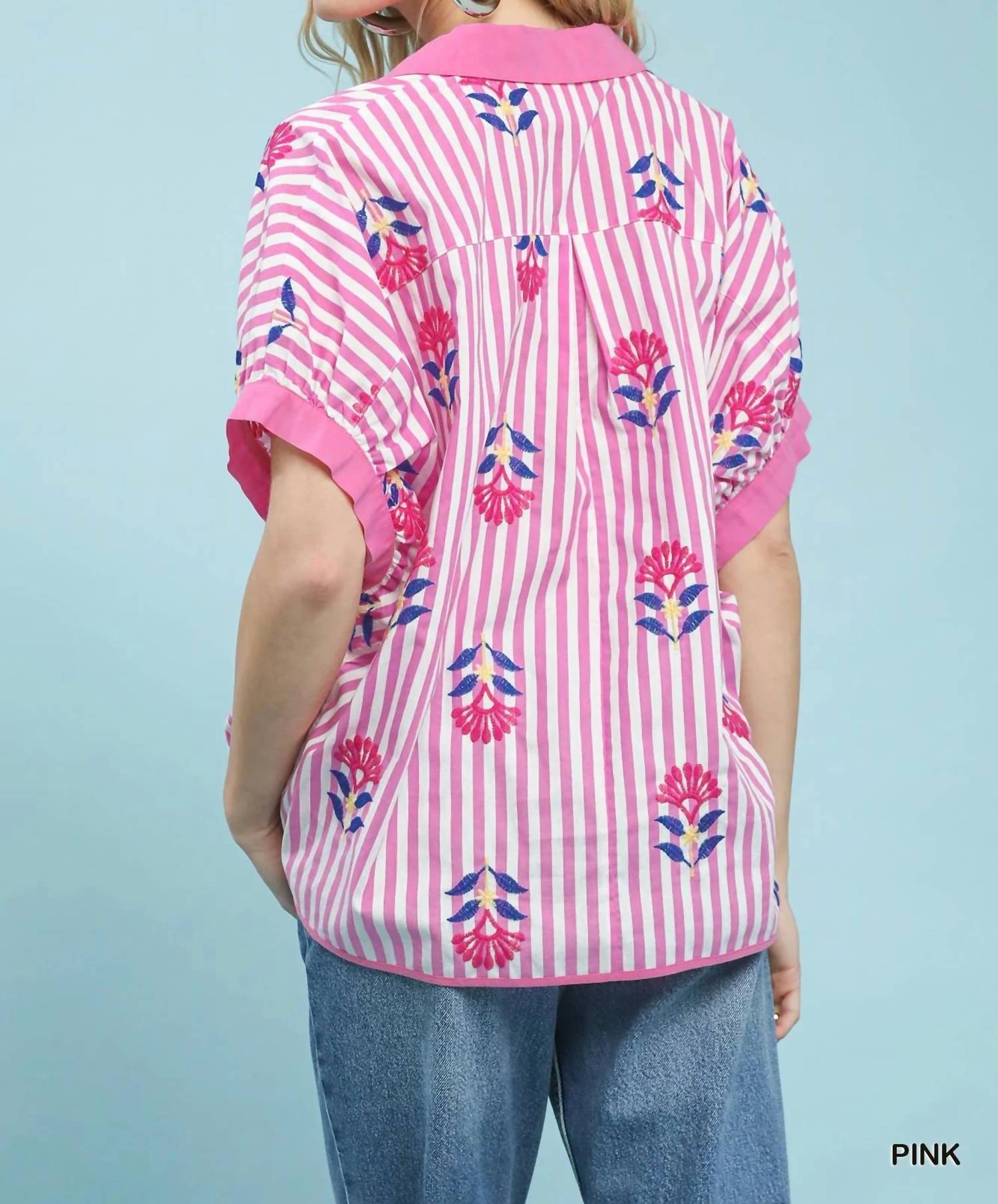 Umgee - Stripe Embroidered Button-front Boho Top
