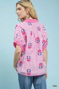 Umgee - Stripe Embroidered Button-front Boho Top