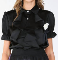 Beulahstyle - Desiree Ruffle And Rose Accent Satin Blouse