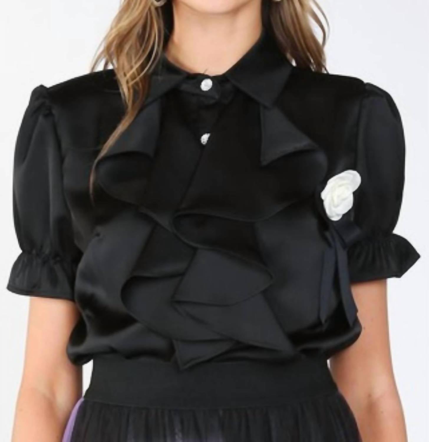 Beulahstyle - Desiree Ruffle And Rose Accent Satin Blouse