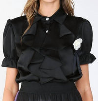 Beulahstyle - Desiree Ruffle & Rose Accent Satin Blouse