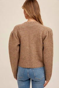 Hem & Thread - Puff Sleeve Knit Sweater Cardigan