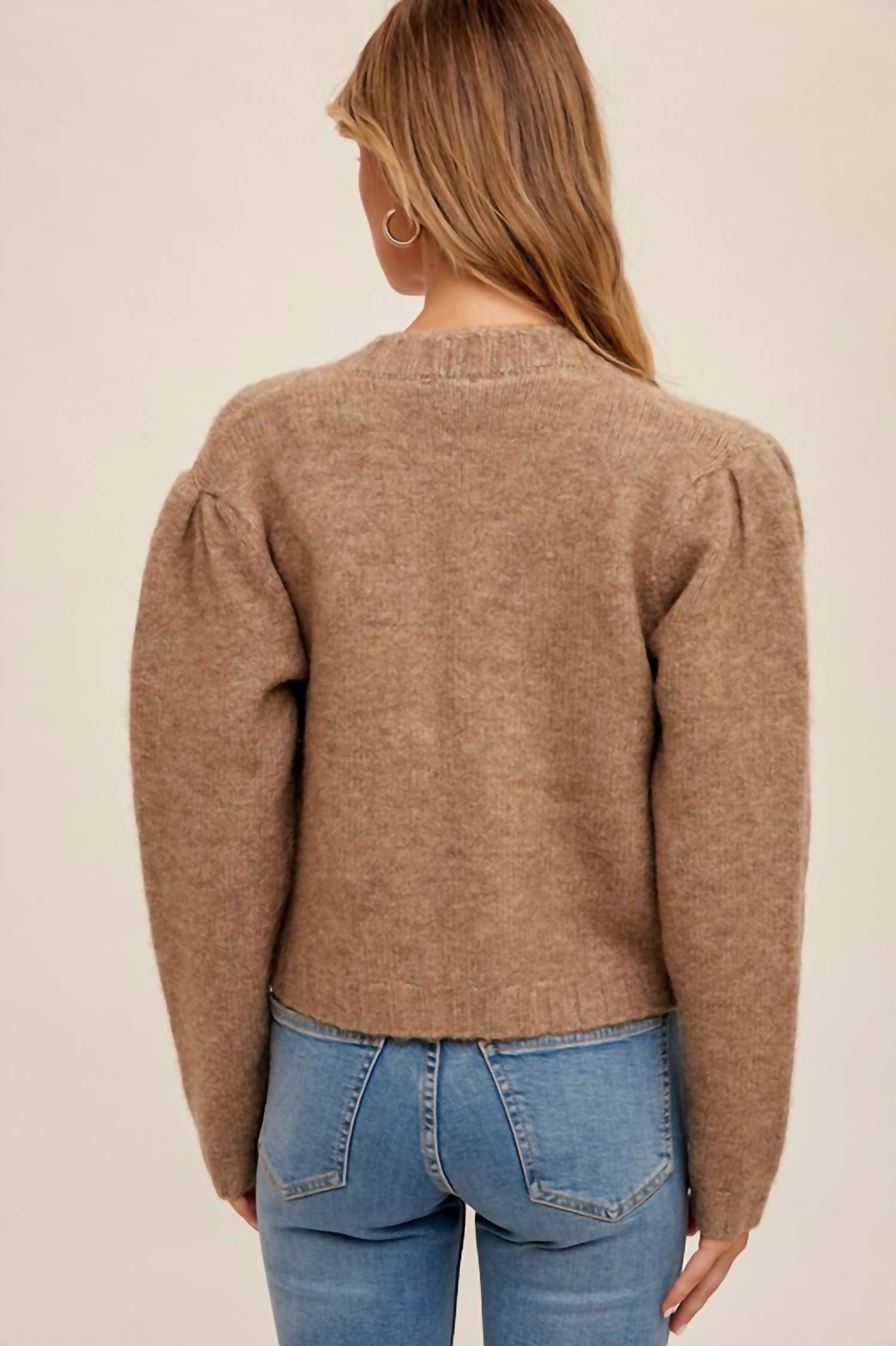 Hem & Thread - Puff Sleeve Knit Sweater Cardigan