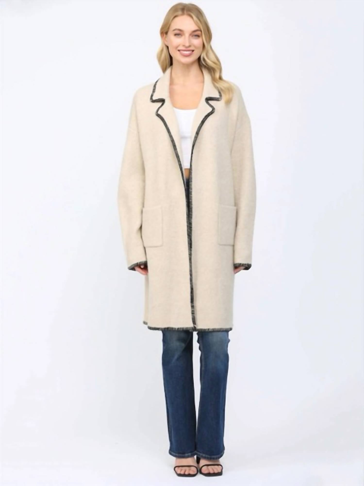 Fate - Contrast Whipstitch Notched Collar Open Cardigan