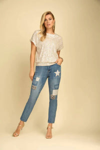Frank Lyman - Sirona Sequin And Cheetah Patch Denim Jeans