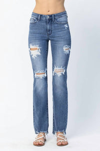 Judy Blue - Distressed Mid Rise Straight Leg Jeans