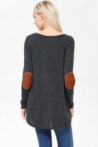 Lovely Melody - Kennedy Elbow Patch Hi-Low Hem Tunic Top