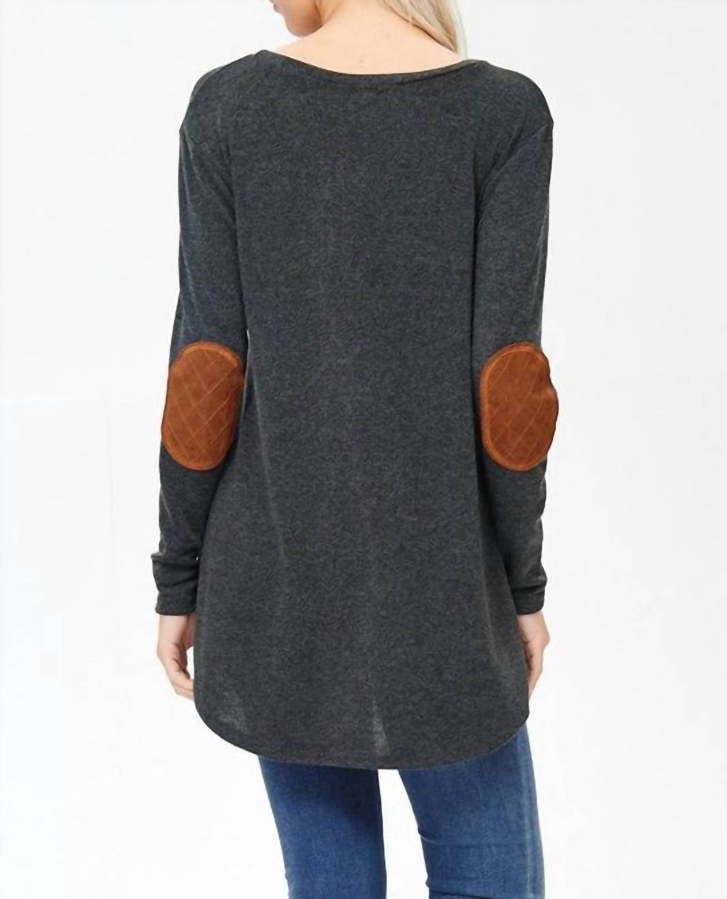 Lovely Melody - Kennedy Elbow Patch Hi-Low Hem Tunic Top