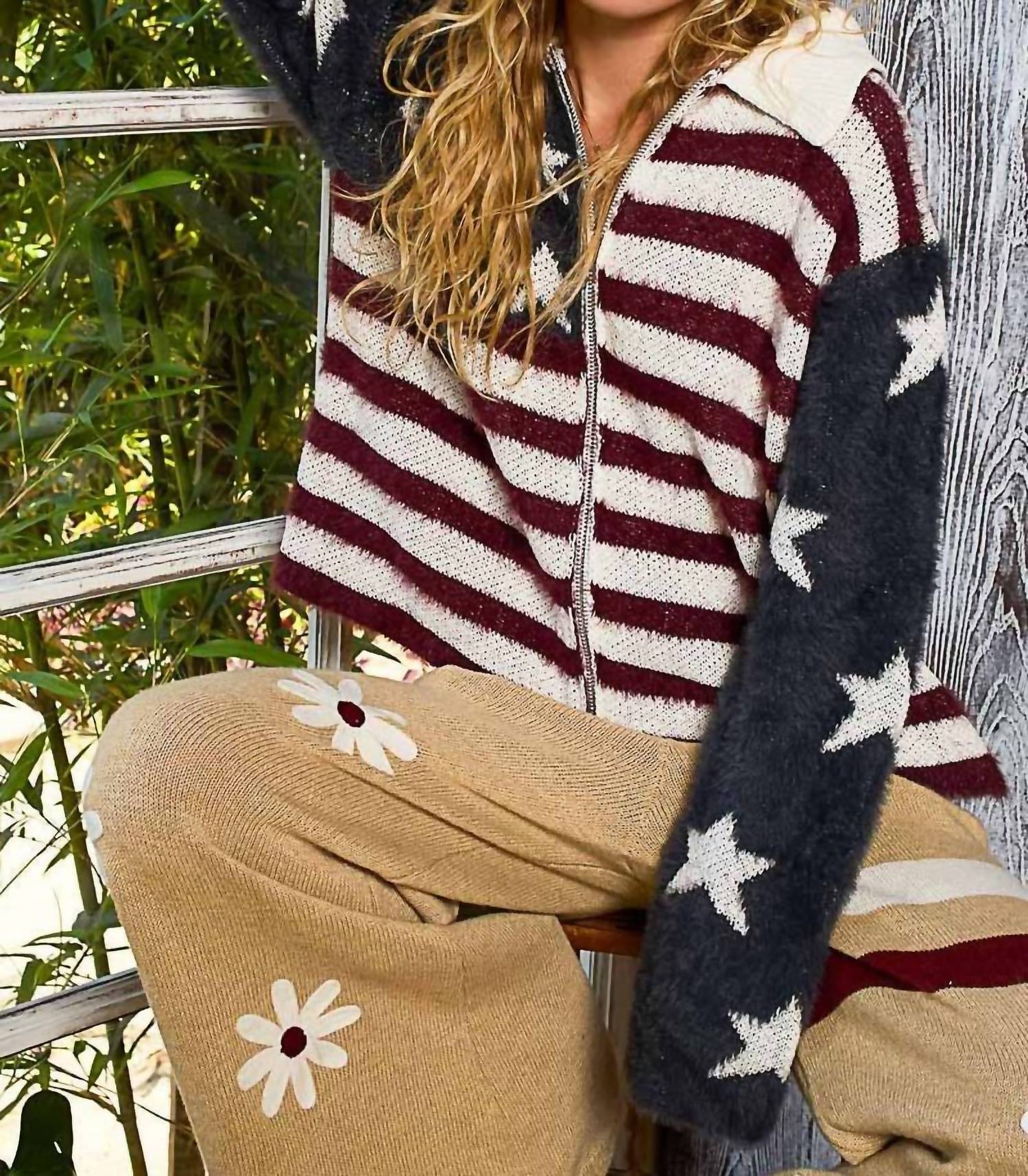 POL American Flag Mohair Sweater Jacket in burgundy navy - women's jacket - view 5